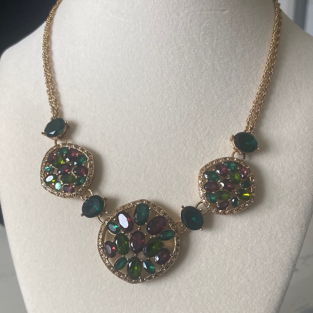 Vintage Monet Gold Green & Red Gemstone Necklace